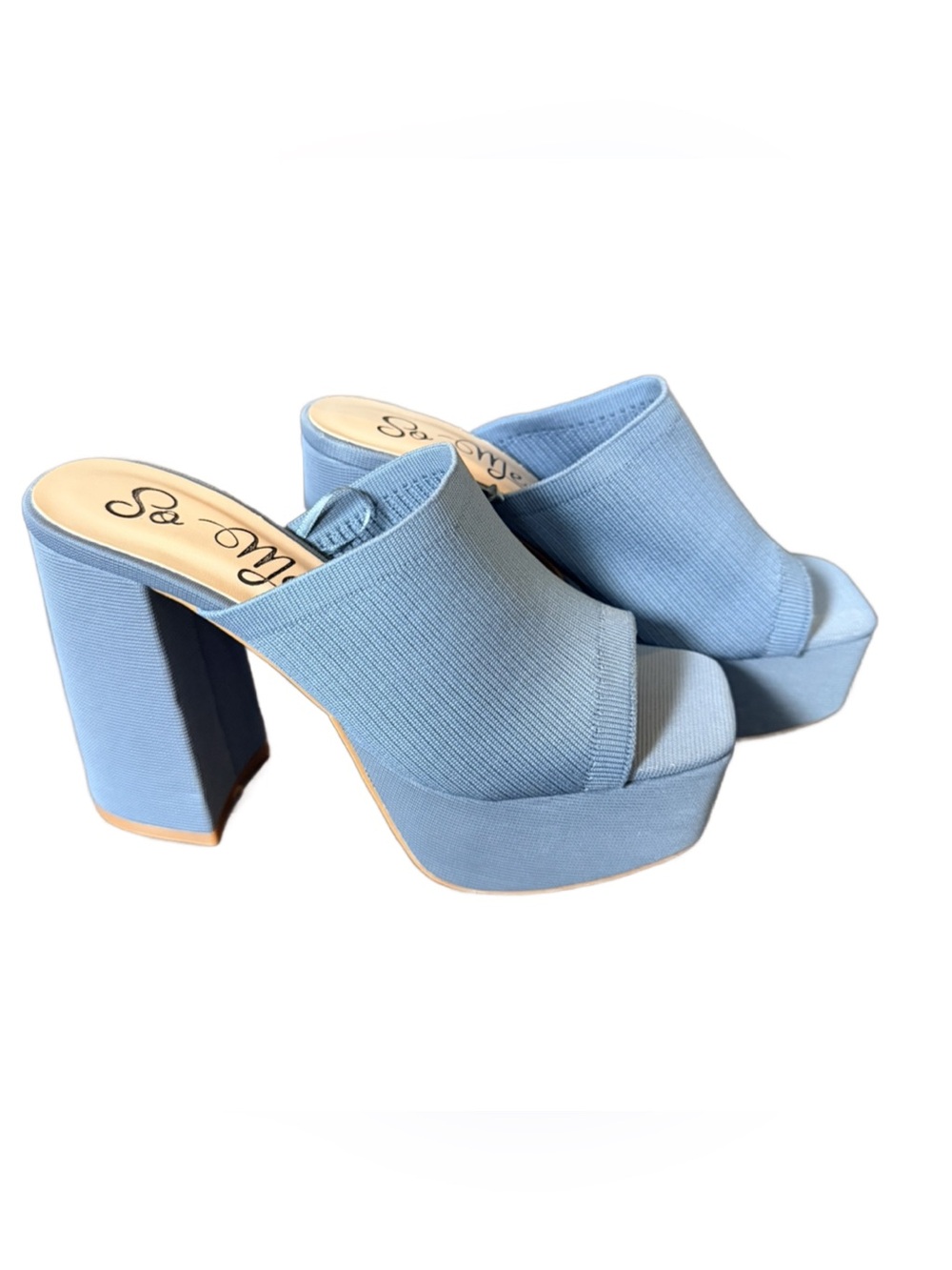 So Me Light Blue Chunky Platform Mule Heels